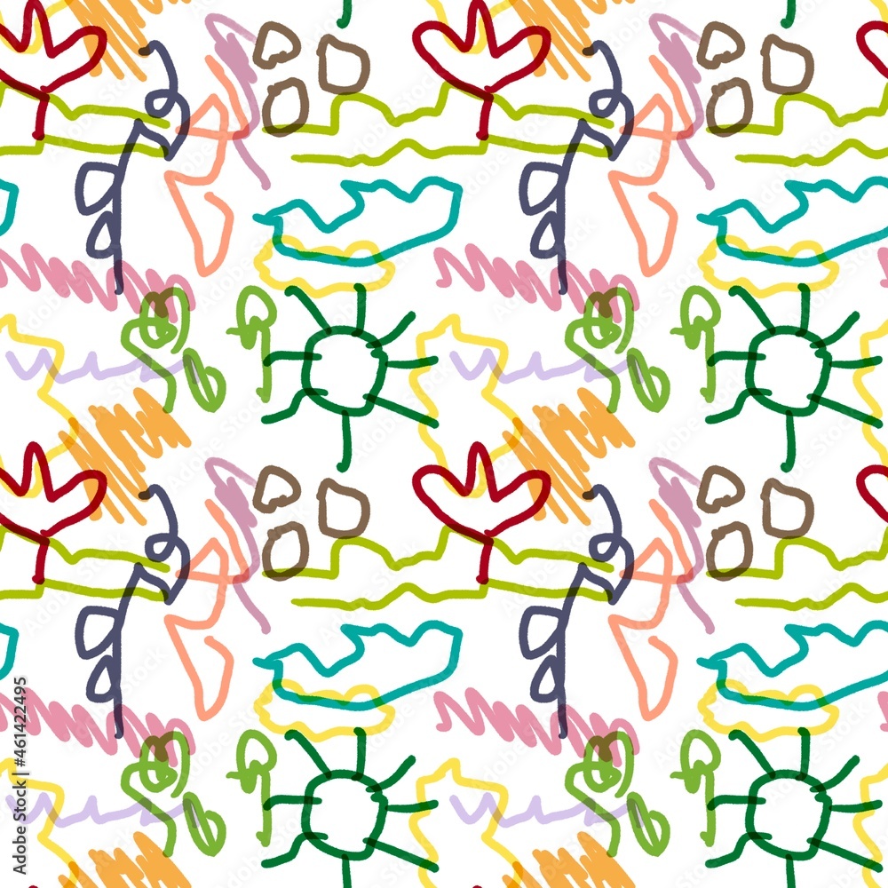 Seamless kids painting pattern with coloured objects on white background
