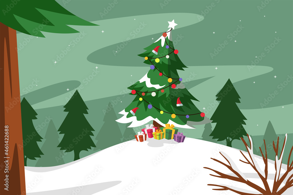 Christmas Tree Illustration with Snowfield Background