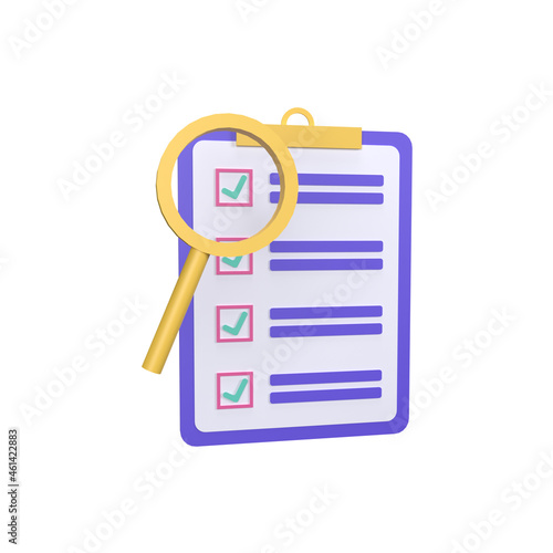 3D Rendering Checklist Concept With a Magnifying Glass.