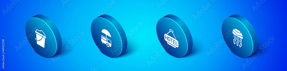 Set Isometric Sand in bucket, Signboard with text Hotel, Jellyfish and Fast street food cart icon. Vector Set Isometric Sand in bucket, Signboard with text Hotel, Jellyfish and Fast street food cart icon. Vector