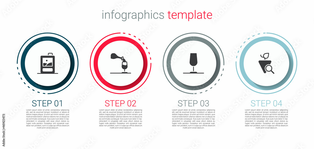 Set Cardboard box of wine, Wine tasting, degustation, glass and Grapes. Business infographic template. Vector
