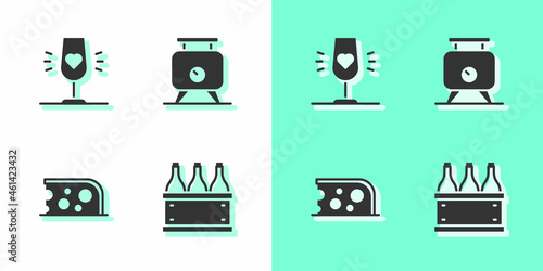 Set Bottles of wine in box, Wine glass, Cheese and Fermentation grapes icon. Vector