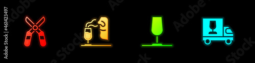 Set Gardening scissors, Sommelier, Wine glass and truck icon. Vector