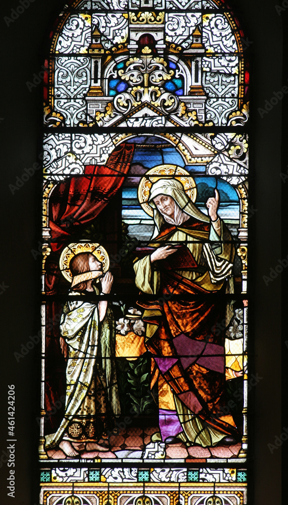 Education of the Virgin Mary, stained glass window in the Church of St. Maurus the Abbot in Bosiljevo, Croatia