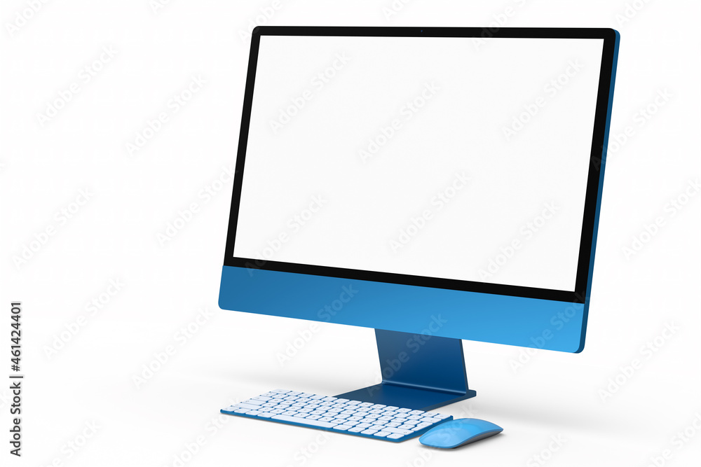 Realistic blue computer screen display with keyboard and mouse isolated on white Realistic blue computer screen display with keyboard and mouse isolated on white