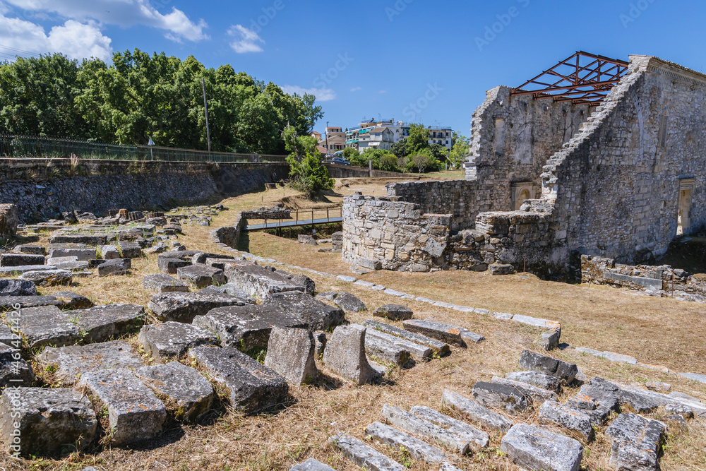 Ruins of Paleopolis ancient city in Corfu town, Corfu Island, Greece, view with historic basilica