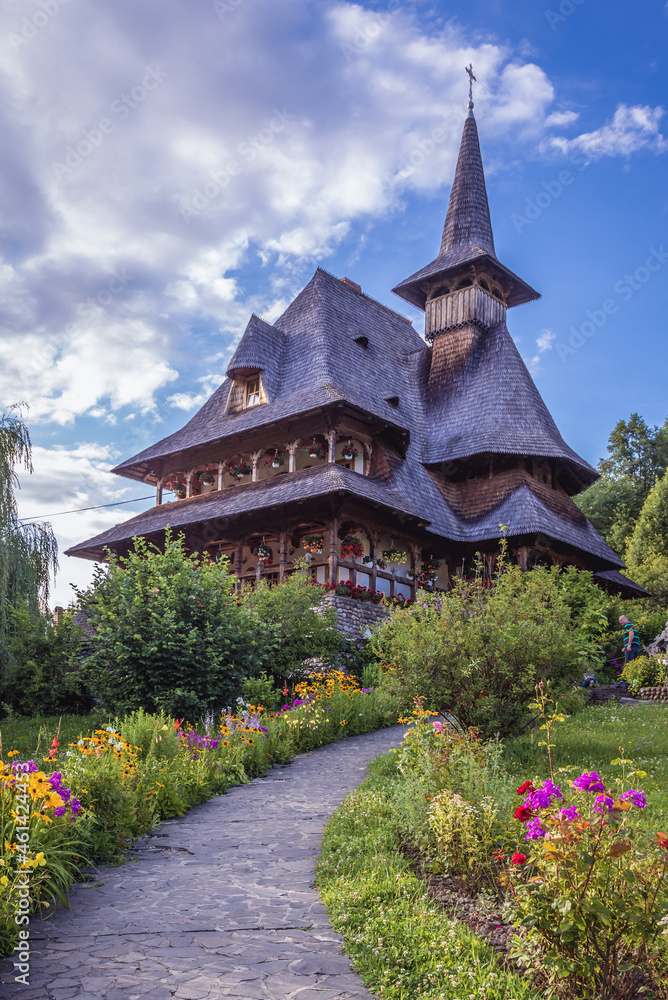 Wooden building in Barsana Monastery in Maramures region, Romania
