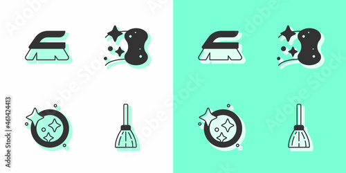 Set Handle broom, Brush for cleaning, Washing dishes and Sponge icon. Vector