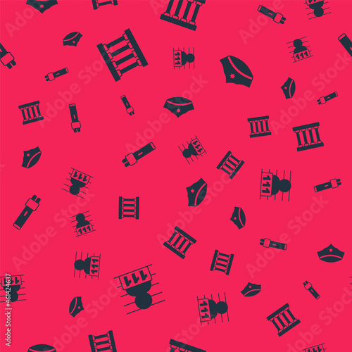 Set Suspect criminal, Prison window, Police electric shocker and cap with cockade on seamless pattern. Vector