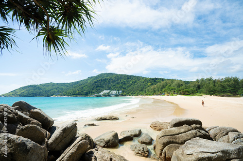 Beautiful sea middle two mountains blue sky background.Landscape view beach sea and sand on summer.