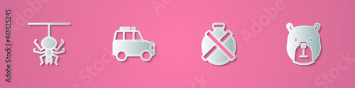 Set paper cut Spider, Car, Canteen water bottle and Bear head icon. Paper art style. Vector