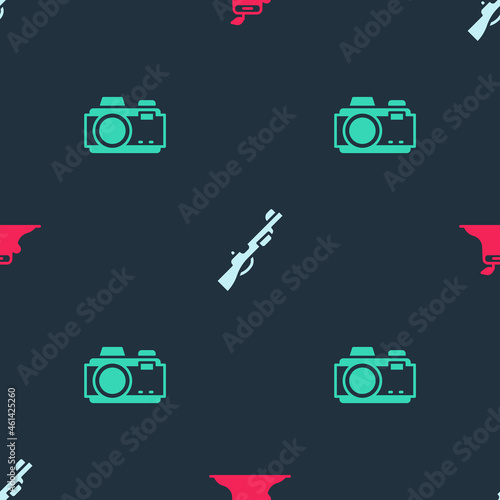 Set Tree stump, Hunting gun and Photo camera on seamless pattern. Vector