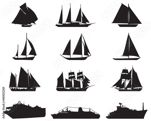 Black silhouettes ​of sailboats on a white background