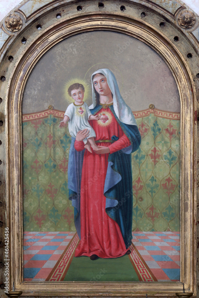 Fototapeta premium Immaculate Heart of Mary, altarpiece on the Virgin Mary altar in the Church of Saint Barbara in Carevdar, Croatia
