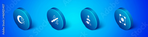 Set Isometric Moon and stars, Sword in the stone, Ancient magic book and Magic wand icon. Vector