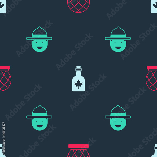 Set Montreal Biosphere, Bottle of maple syrup and Canadian ranger hat on seamless pattern. Vector