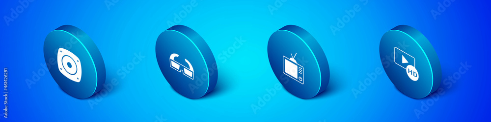 Set Isometric Stereo speaker, Retro tv, Hd movie, tape, frame and 3D cinema glasses icon. Vector Set Isometric Stereo speaker, Retro tv, Hd movie, tape, frame and 3D cinema glasses icon. Vector