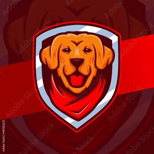 golden retriever dog mascot character logo design with badges and bandana