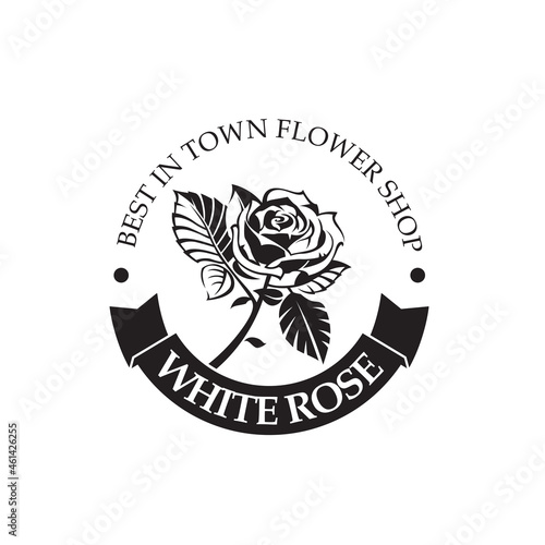 emblem of white rose bud for flower shop isolated on white background