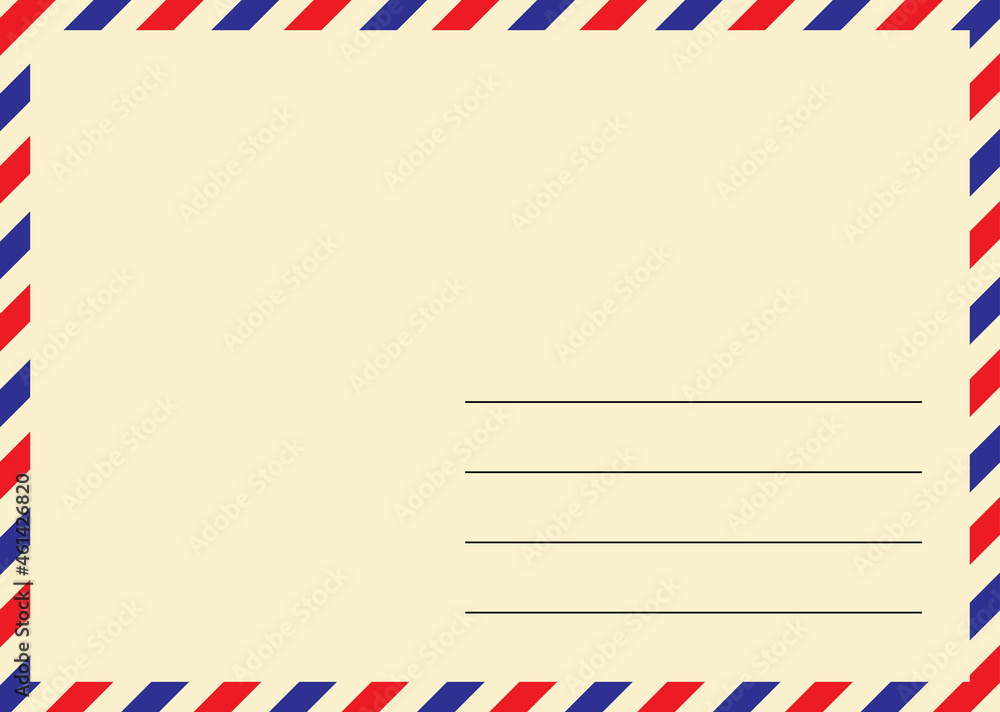 Airmail envelope. Old yellow postcard with diagonal stripes in red and blue color.  Vector illustration template with empty address space.