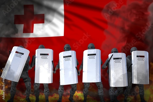 Εκτύπωση καμβά Tonga protest stopping concept, police officers protecting order against mutiny