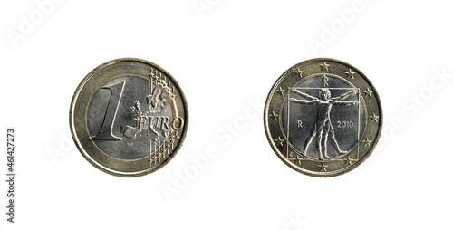 1 Euro coin from Italy with the Vitruvian Man by Leonardo Da Vinci, coined in 2010. Obverse and Reverse.
