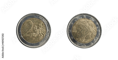 2 Euro coin from Italy with Dante Alighieri portrait, obverse and reverse.