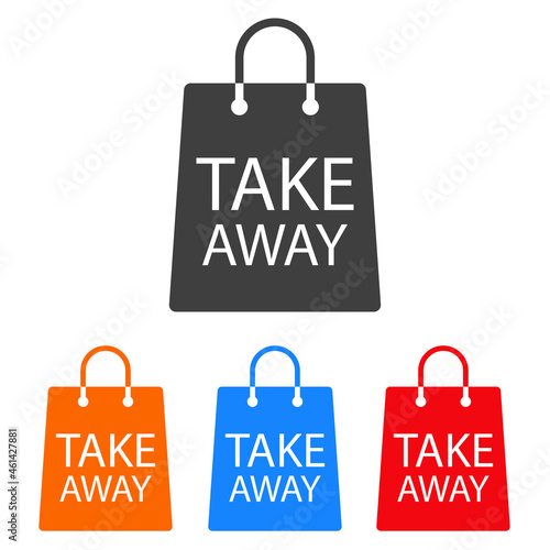 Logotipo con texto Take Away en silueta de bolsa de la compra en varios colores