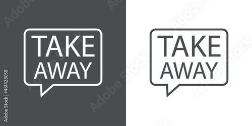 Logotipo con texto Take Away en silueta de burbuja de habla con lineas en fondo gris y fondo blanco