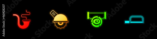 Set Smoking pipe, Electric circular saw, Two-handed and log and Hacksaw icon. Vector