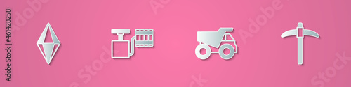 Set paper cut Gem stone, Handle detonator, Mining dump truck and Pickaxe icon. Paper art style. Vector