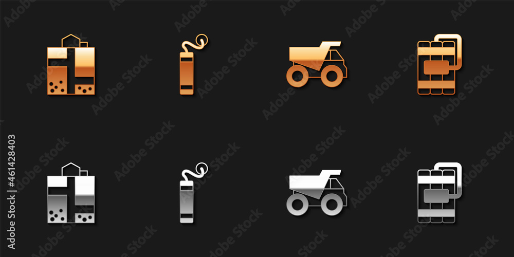Set Mine entrance, Dynamite, Mining dump truck and icon. Vector Set Mine entrance, Dynamite, Mining dump truck and icon. Vector