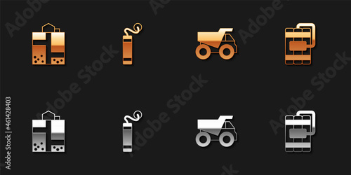Set Mine entrance, Dynamite, Mining dump truck and icon. Vector