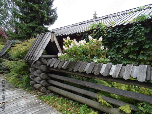 A gray log hedge followed by a blooming hydrangea bush 