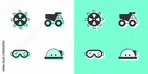 Set Miner helmet, Bucket wheel excavator, Safety goggle glasses and Mining dump truck icon. Vector