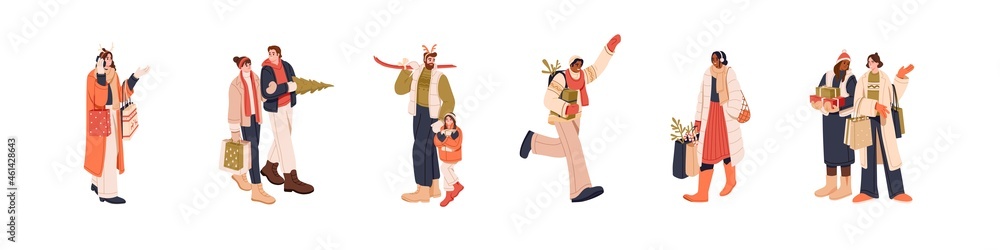 Set of merry people preparing for Christmas, carrying shopping bags, gift boxes and fir. Men and women walk with purchases for winter holidays. Flat vector illustrations isolated on white background