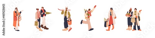 Set of merry people preparing for Christmas, carrying shopping bags, gift boxes and fir. Men and women walk with purchases for winter holidays. Flat vector illustrations isolated on white background