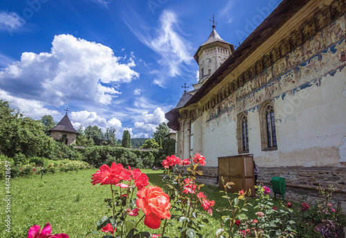 Church and garden of Moldovita Monastery in Vatra Moldovitei, Romania photo