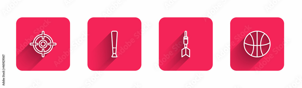 Set line Target sport, Baseball bat, Dart arrow and Basketball with long shadow. Red square button. Vector Set line Target sport, Baseball bat, Dart arrow and Basketball with long shadow. Red square button. Vector