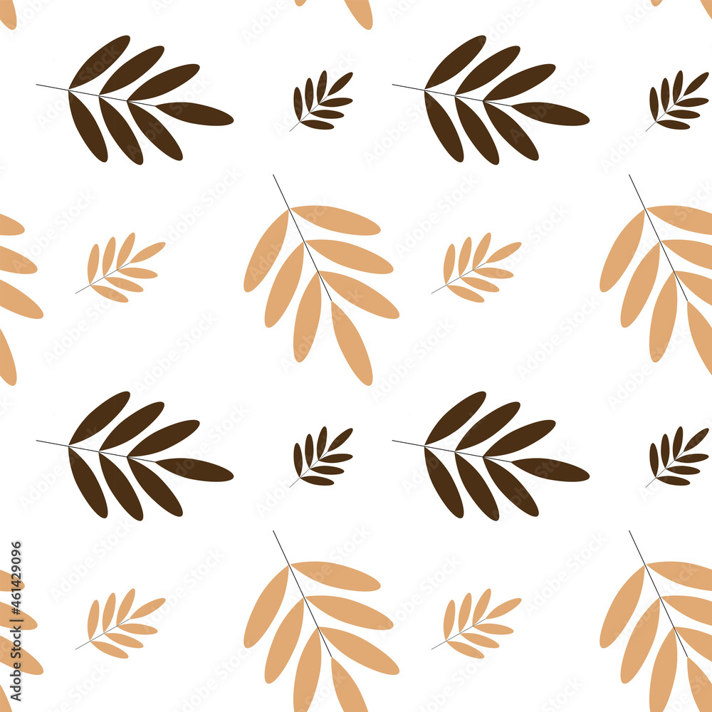 Vector autumn leaves seamless pattern with brown leaves and herbs in Scandinavian style for fabrics, paper, textile, gift wrap isolated on white background