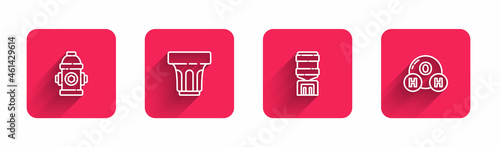 Set line Fire hydrant, Glass with water, Water cooler and Chemical formula for H2O with long shadow. Red square button. Vector