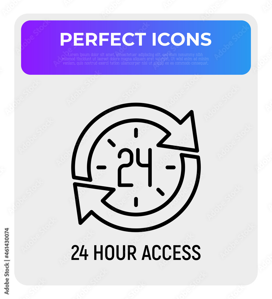 24 hour access thin line icon, clock in arrows. Modern vector illustration of day and night service. 24 hour access thin line icon, clock in arrows. Modern vector illustration of day and night service.