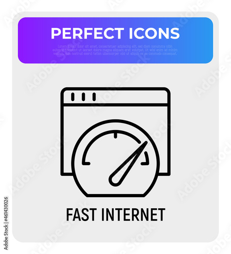 Fast internet thin line icon, speedometer on web page. Modern vector illustration.