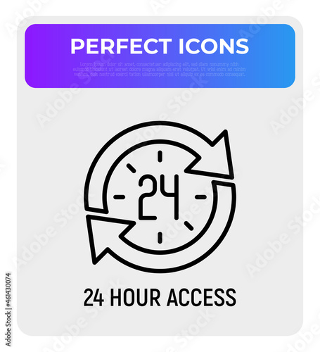 24 hour access thin line icon, clock in arrows. Modern vector illustration of day and night service.