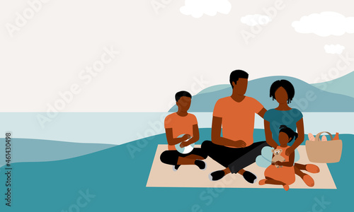 Black Family With Two Children Having Picnic In The Park.