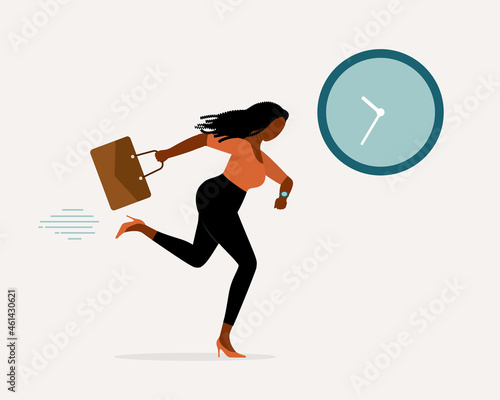 Stressful Black Woman Employee Rushing To Office. Running Late For Work.