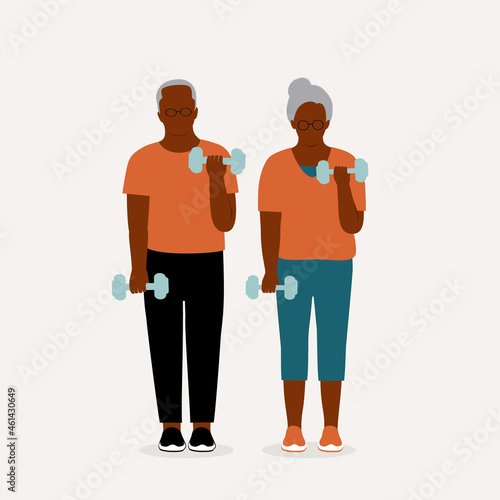 Old Black Couple Doing Dumbbell Workout Together.