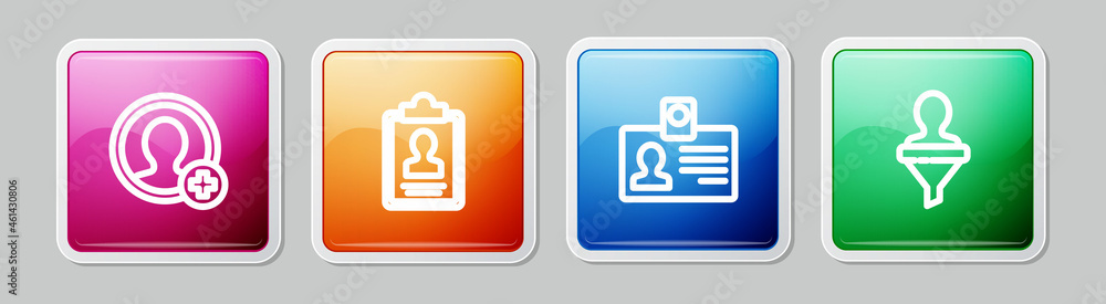 Set line Create account screen, Clipboard with resume, Identification badge and Head hunting. Colorful square button. Vector Set line Create account screen, Clipboard with resume, Identification badge and Head hunting. Colorful square button. Vector