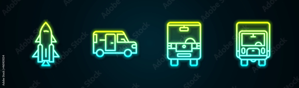Set line Rocket ship with fire, Minibus, Bus and Delivery cargo truck. Glowing neon icon. Vector Set line Rocket ship with fire, Minibus, Bus and Delivery cargo truck. Glowing neon icon. Vector