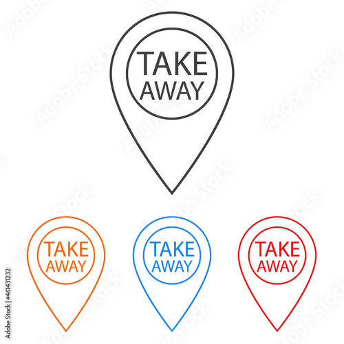 Logotipo con texto Take Away en silueta de puntero de posición con lineas en varios colores